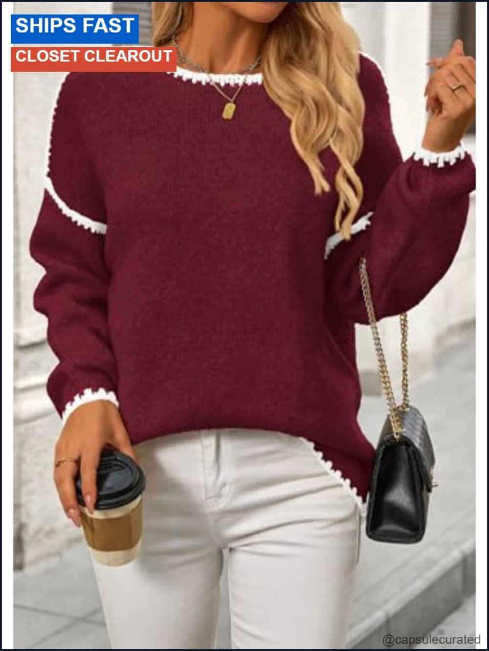 Oversized Chunky Knit Crewneck Pullover Sweater Drop Shoulder - Picture 3 of 6